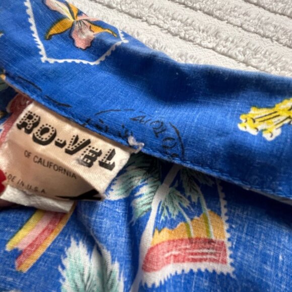 Vintage RO-VEL of California Womens 44 Blue Floral Hawaiian Oversized Tunic Boho - Picture 3 of 7